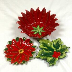 Three piece set Poinsettia & Holly themed Christmas ceramic dishes and bowl.